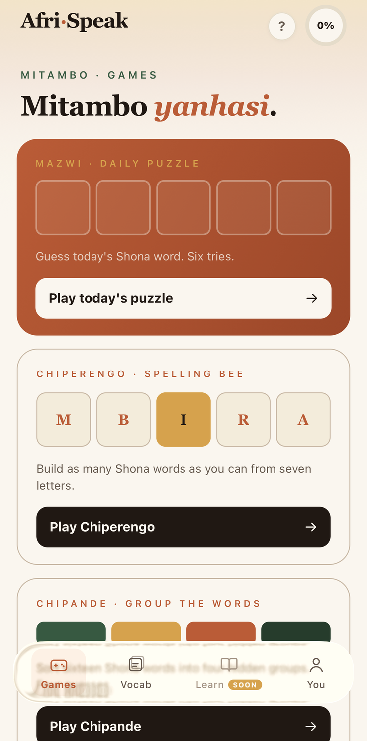 The Afri-Speak Games tab: today's Mazwi word puzzle, the Chiperengo spelling bee with the letters M, B, I, R and A, and the Chipande word-grouping game.